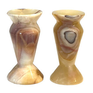 Marble Candle Holders Set 2 Onyx Stone Cream Brown Taper Candlesticks Vintage
